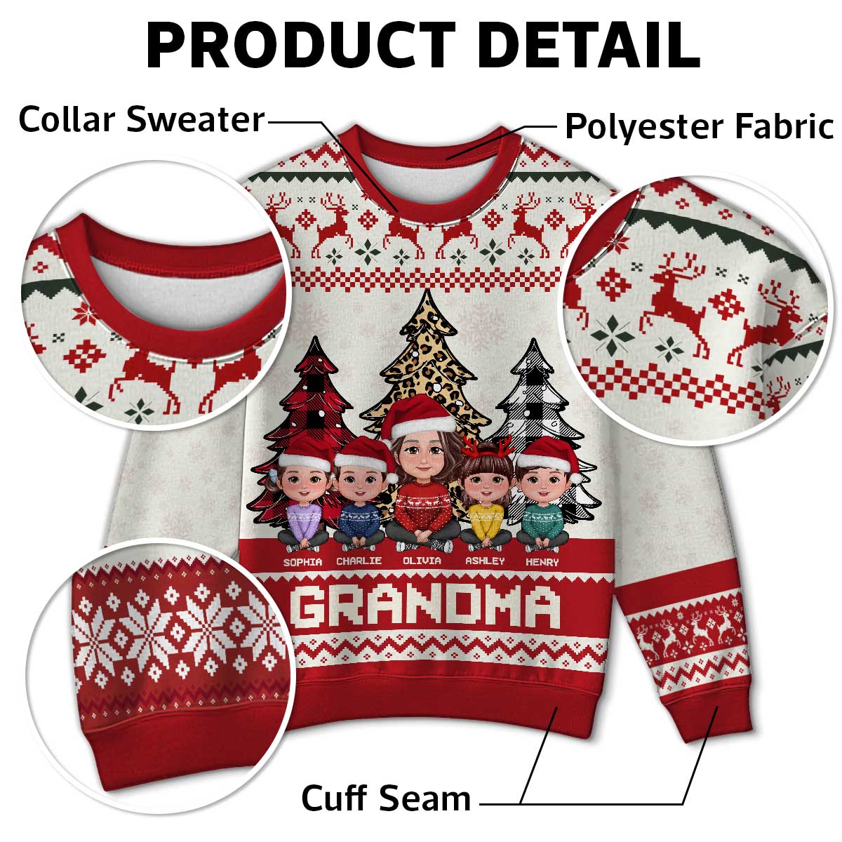 Leopard Checkered Pattern Grandma Grandkids Christmas Personalized Faux Knitting Ugly Sweater