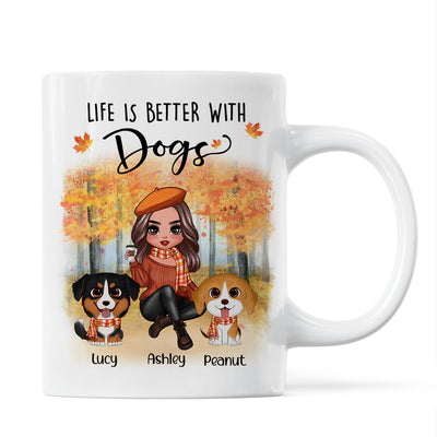 Fall Season Doll Woman Sitting With Watercolor Cute Dogs Personalized Mug