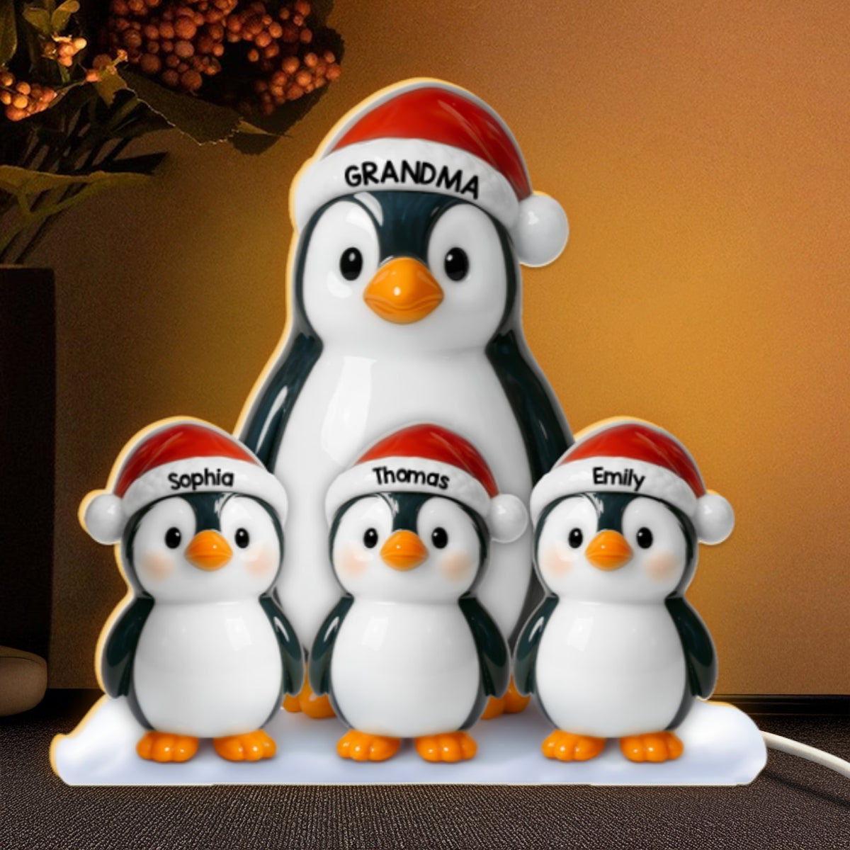 3D Effect Cute Christmas Penguins Grandma & Grandkids - Personalized Light Box