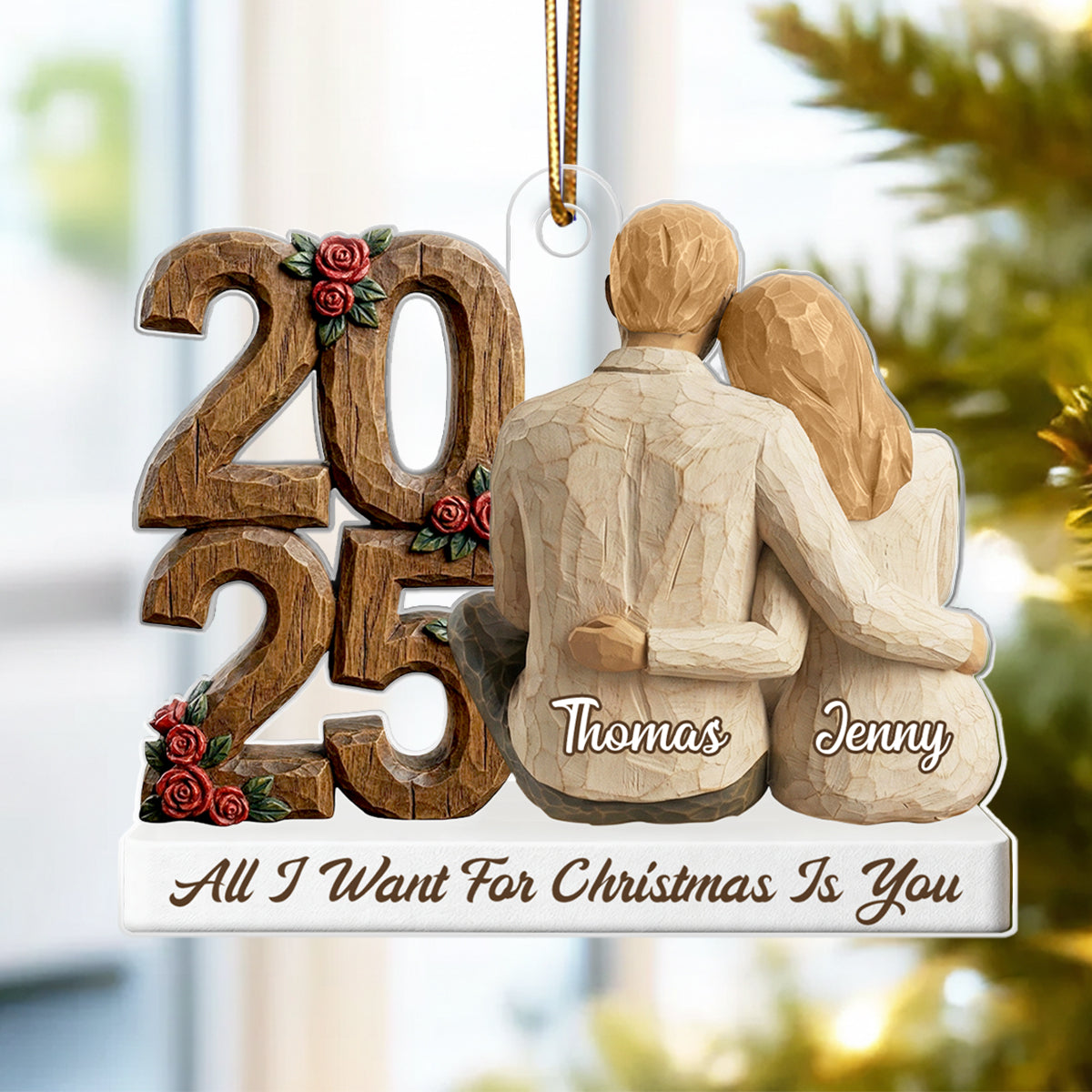 Couple Back View Hugging Faux Wood - Personalized Acrylic Ornament - Heartwarming Christmas Gift For Him, For Her, For Couple