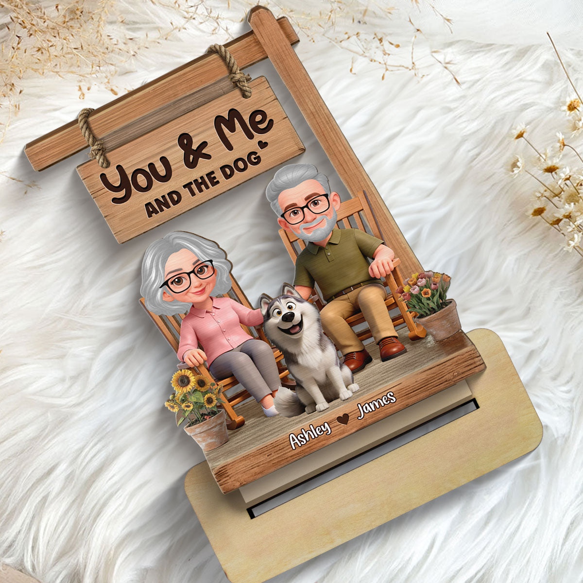 Old Couple On Rocking Chair & Dog 2D Flat - Personalized 2-Layered Wooden Plaque - Anniversary, Valentine's Day Gift For Him, Gift For Her