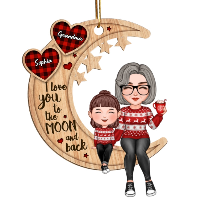 Cute Grandma & Grandkid Checkered Pattern Heart Love To The Moon Gift For Granddaughter Grandson Personalized Wooden Ornament