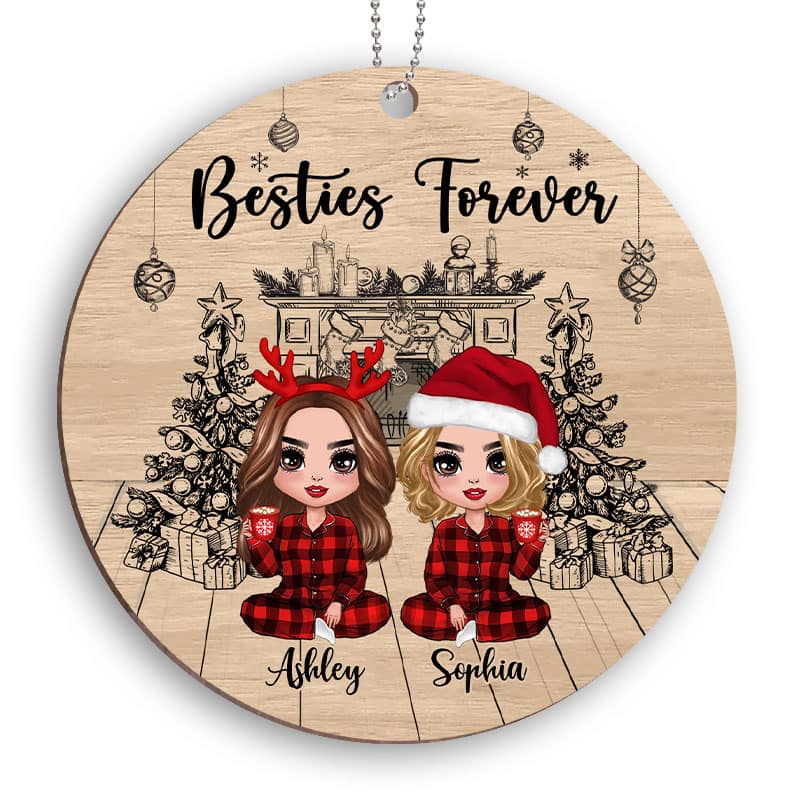 Christmas Outline Background Doll Besties Sisters Personalized Wooden Ornament
