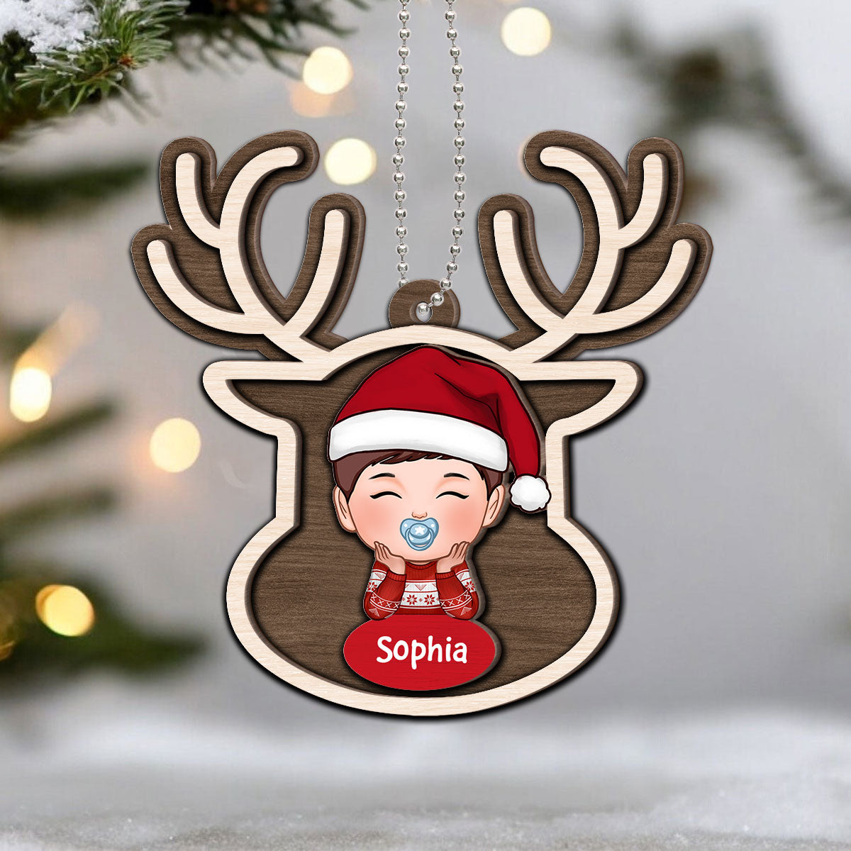 Reindeer Baby Christmas Personalized 2-Layer Wooden Ornament