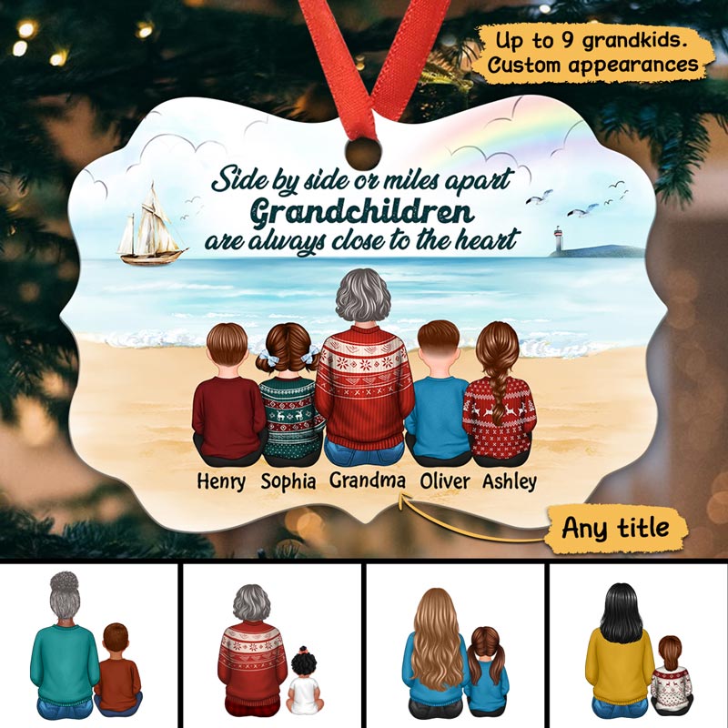 Grandma Grandkids Side By Side On Beach Personalized Christmas Ornament