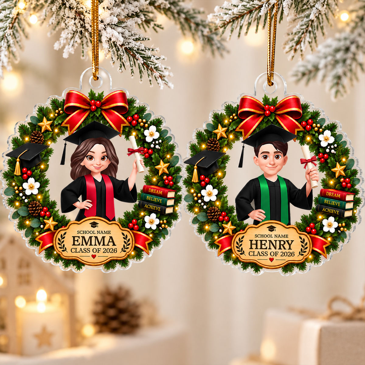 Senior Graduation Wreath 2D Flat - Personalized Acrylic Ornament - Class of 2026 Keepsake, High School Graduate Gift