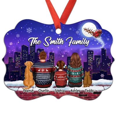 Family Dad Mom Kids Dogs Cats Sitting Skyline Night Personalized Christmas Ornament