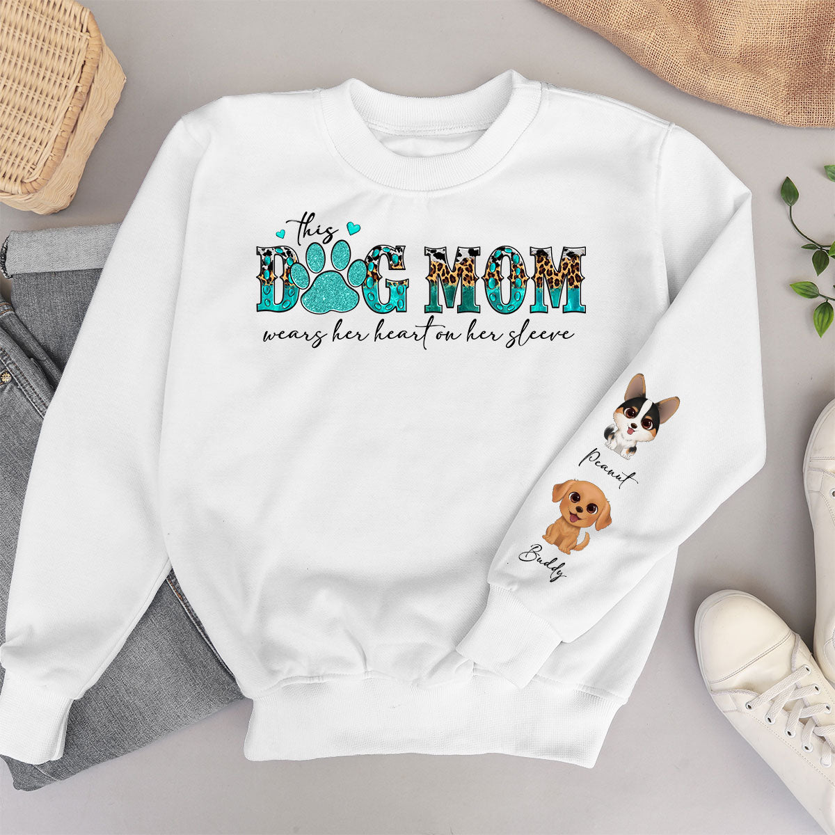 This Dog Mom Wears Her Heart On Her Sleeve, Gift For Dog Mom, Personalized Sleeve Printed Sweatshirt