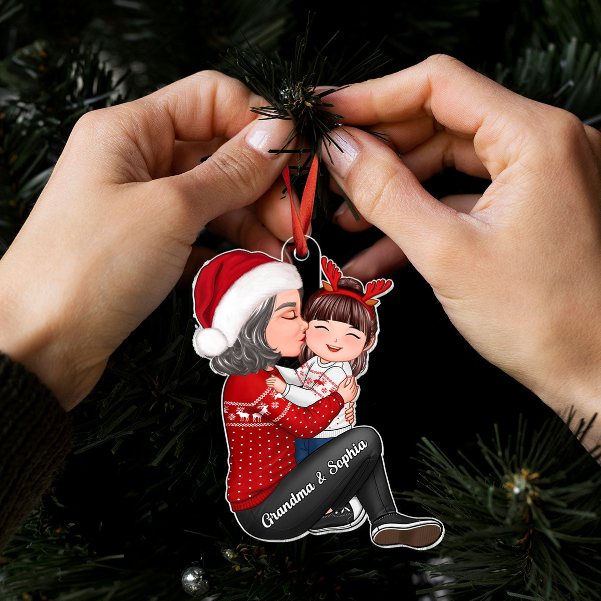 Christmas Grandma Kissing Grandkid - Personalized Acrylic Ornament - Heartwarming Gift For Granddaughter Grandson