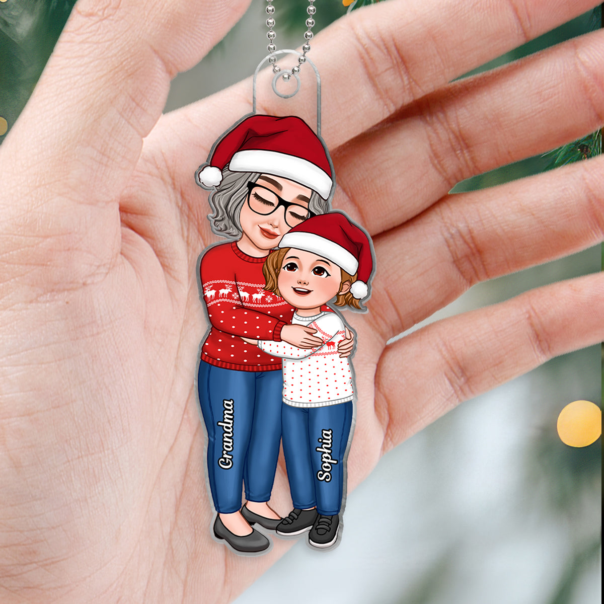 Grandma Grandkid Embracing Hugging Standing Christmas Gift Personalized Acrylic Ornament