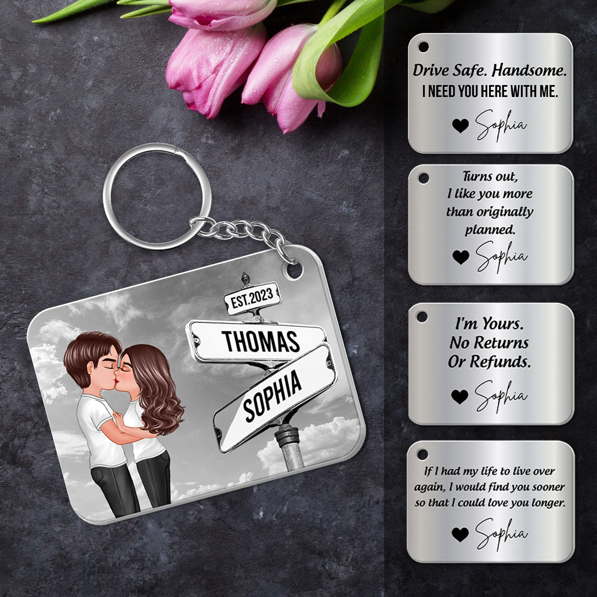 Drive Safe Couple Kissing Vintage Crossroads Street Sign Personalized Metal Keychain, Anniversary  Gift For Him, Boyfriend, Husband