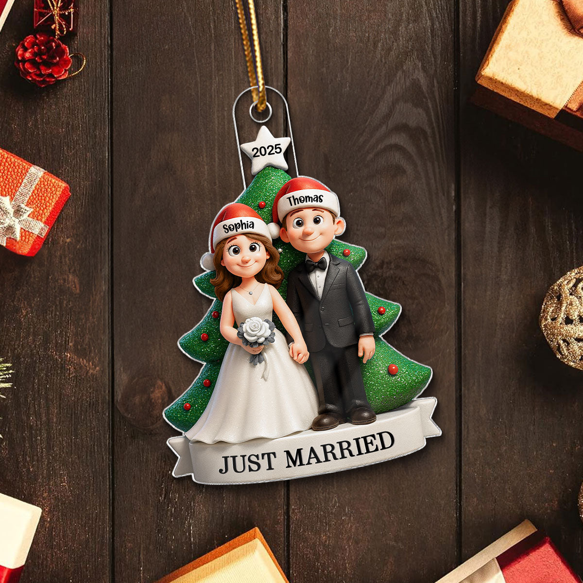 Groom & Bride Under Tree First Christmas Personalized Acrylic Ornament | Just Married Newlyweds Marriage Keepsake