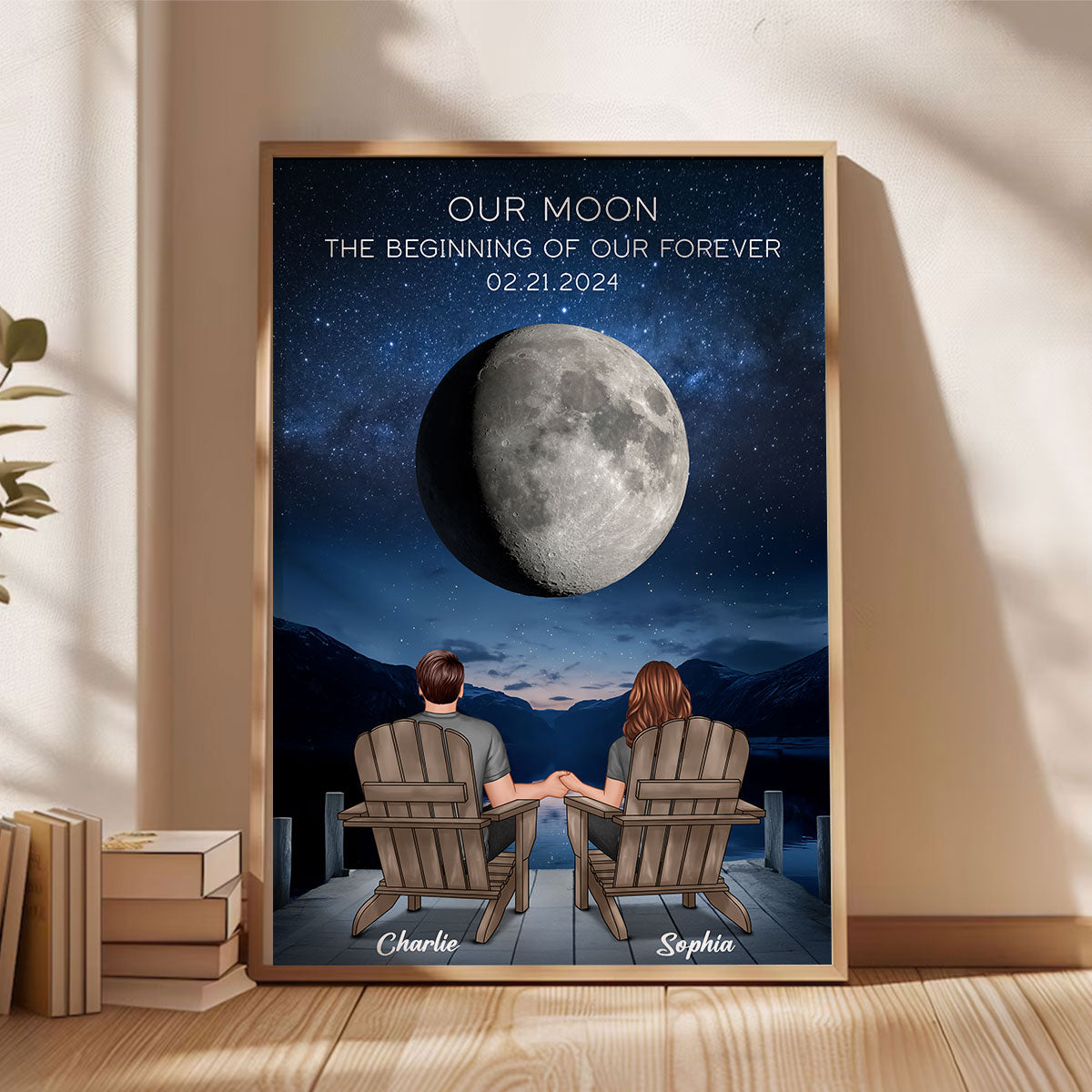 Our Moon Couple Back View Moon Phase Art Anniversary Gift For Him, Gift For Her Wedding Gift Personalized Poster