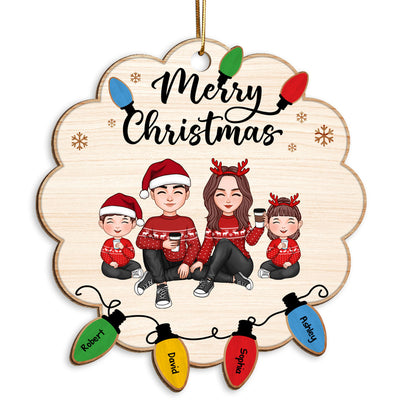 Cute Christmas Family Sitting Lightstring Personalized Wooden Ornament