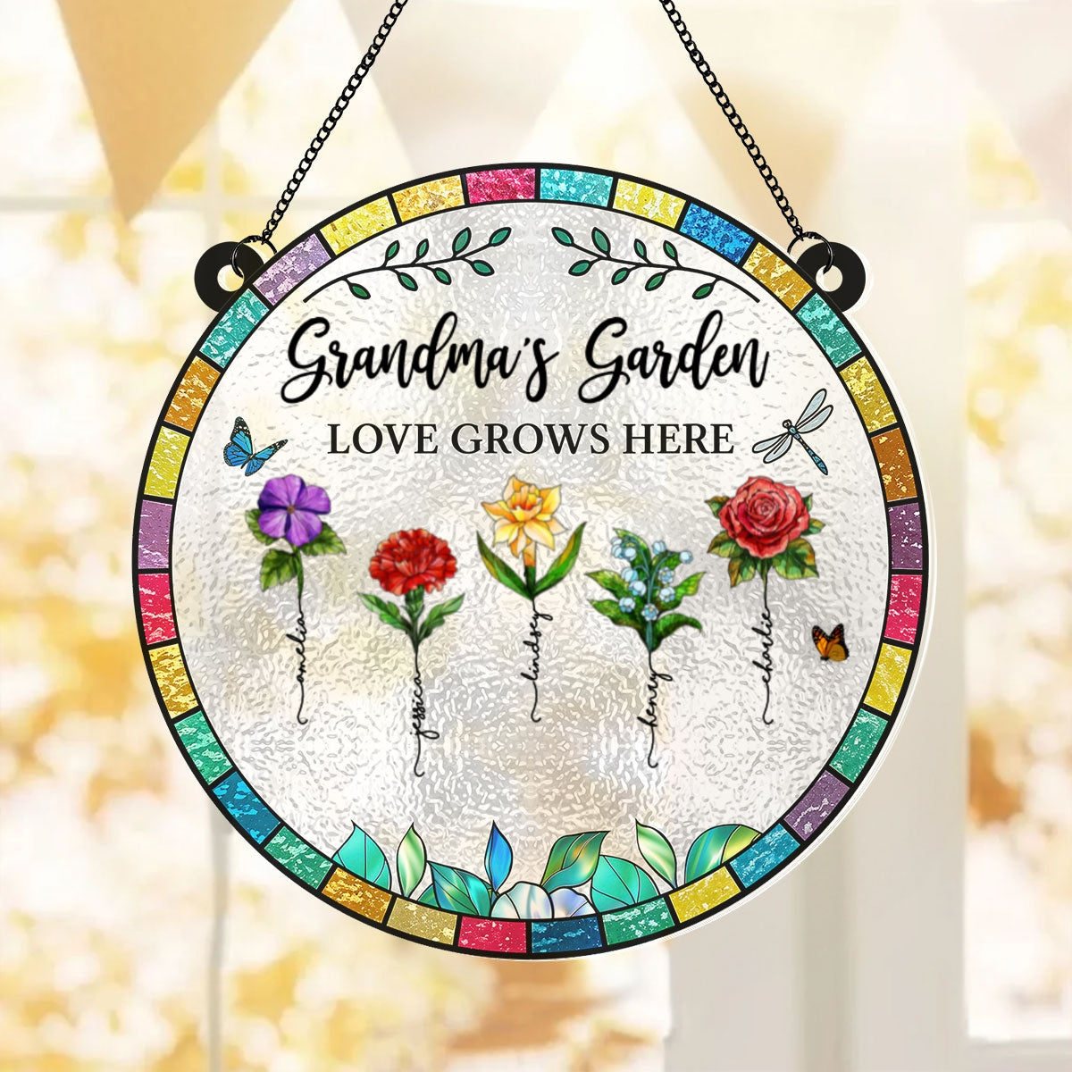 Grandma‘s Garden Love Grows Here Beautiful Birth Month Flowers Personalized Acrylic Suncatcher