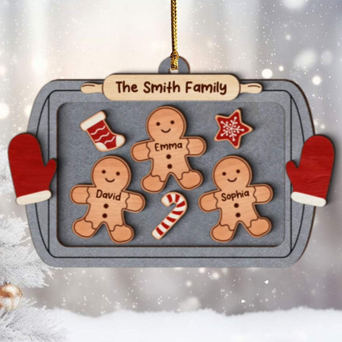 Gingerbread Family On Baking Tray Christmas Personalized 3-Layer Wooden Ornament