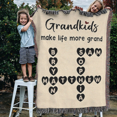 Grandkids Make Life Grand Heartfelt Crossword Puzzle Art Gift For Grandma Personalized Tapestry Woven Blanket