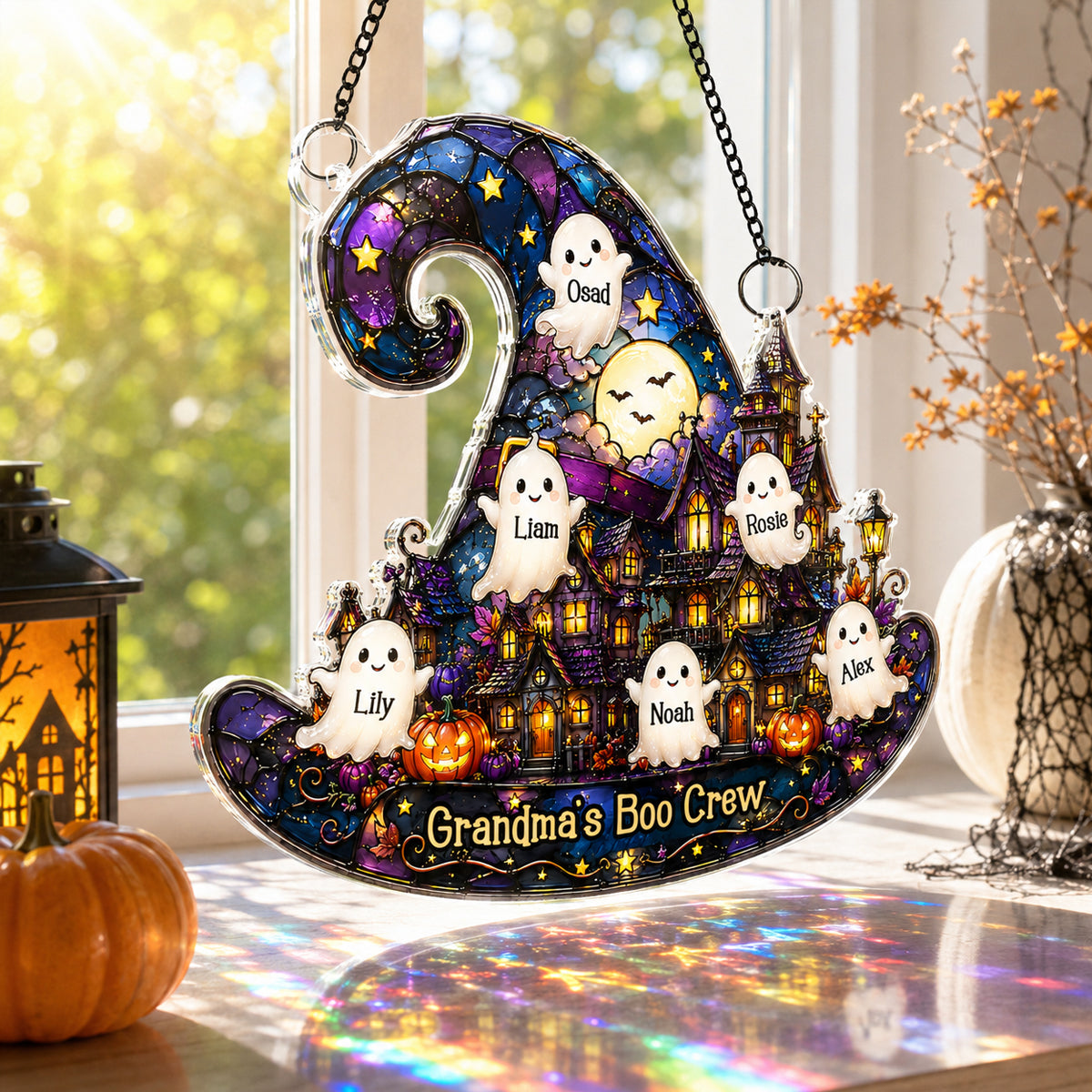 Halloween Village Witch Hat Grandma - Personalized Acrylic Window Hanging - Halloween Decor Gift, Gift For Grandma