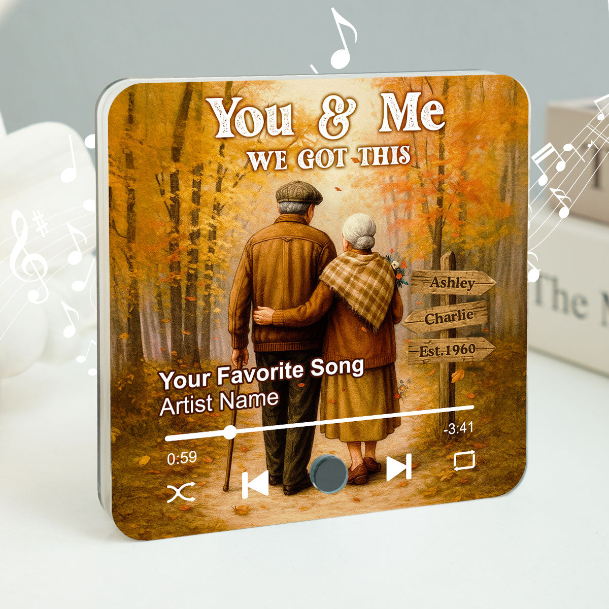 Fall Season Old Couple Personalized Music Fridge Magnet, Heartfelt Gift For Couple