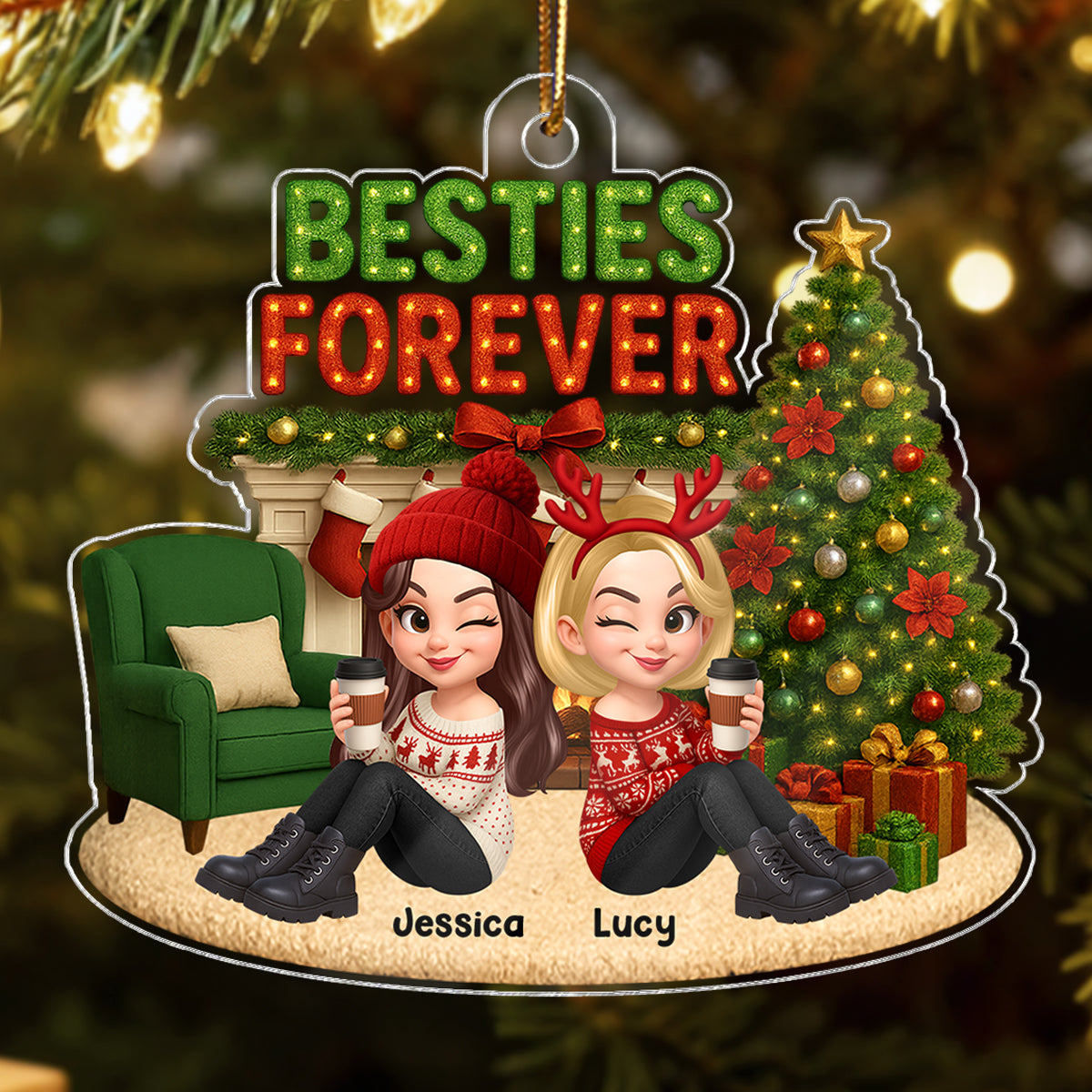 Christmas Besties Forever Cozy Fireplace - Personalized Acrylic Ornament - Gift For Best Friends