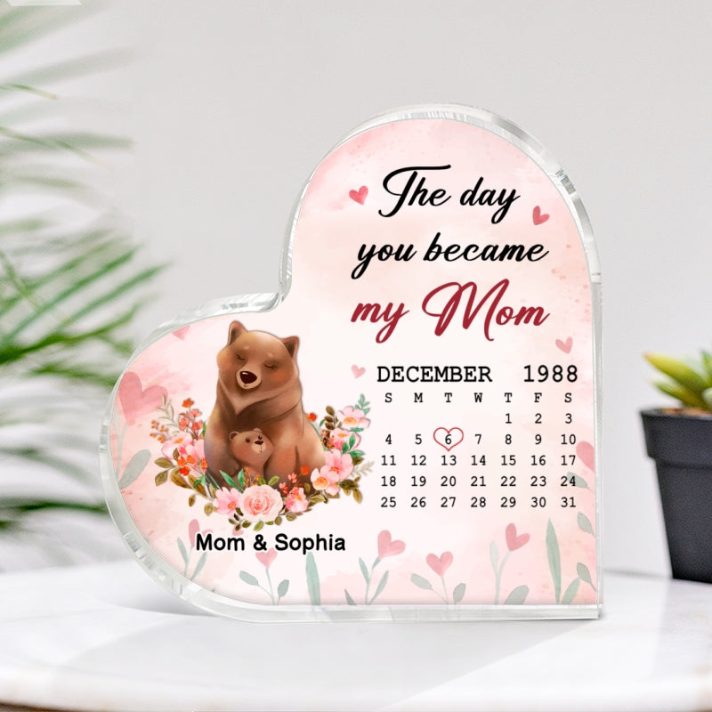 The Day You Became My Mom Watercolor Animal Personalized Heart Acrylic Plaque