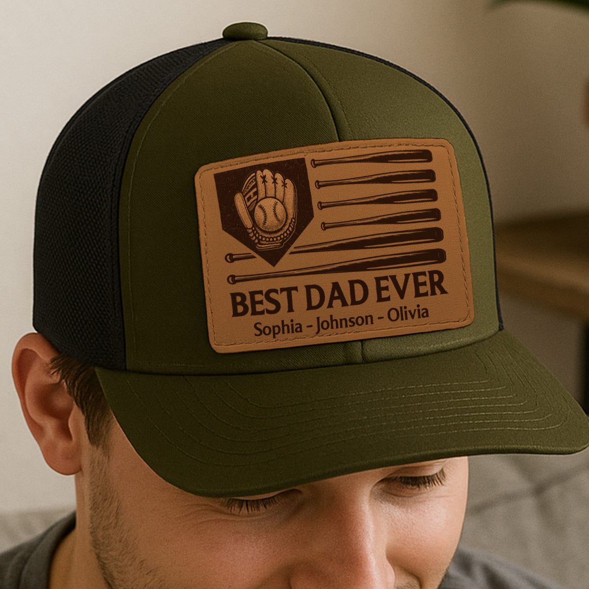 Dad's Home Run Best Dad Ever Baseball Themed Personalized Leather Patch Hat