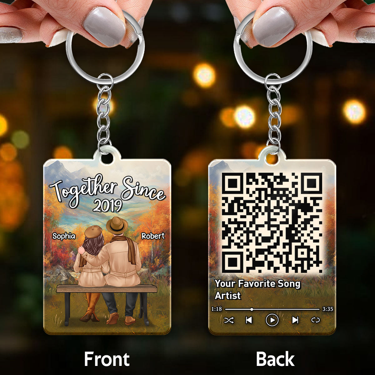 Fall Season Landscape Couple Back View Sitting Favorite Song QR Code Personalized Acrylic Keychain