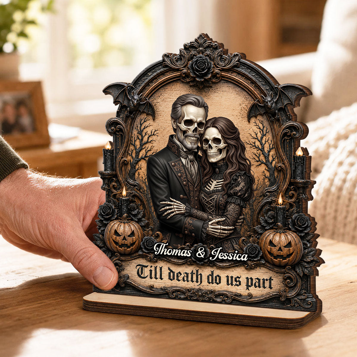 Halloween Custom Photo Skeleton Couple - Personalized 2-Layered Wooden Plaque - Halloween Gift For Couple