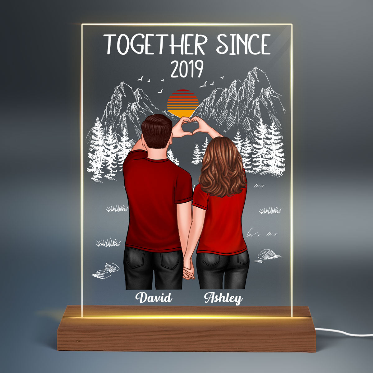 Couple Heart Hands Mountain Sketch Personalized Plaque LED Night Light
