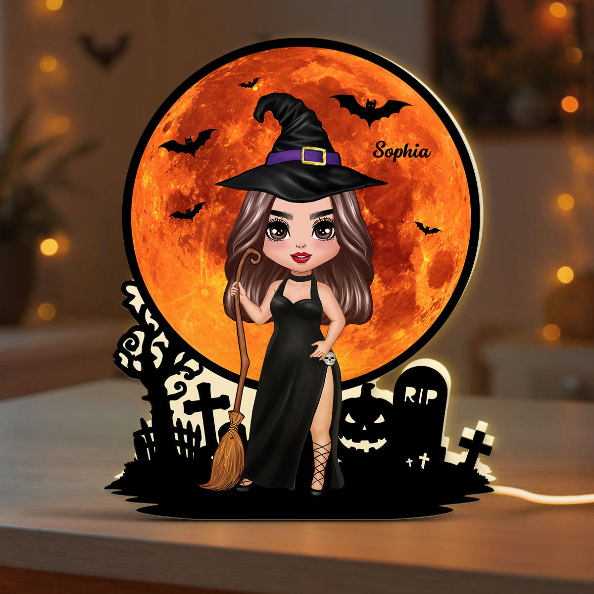 Witch Besties Under Halloween Moon Tabletop Wicca Pagan Decor Personalized Light Box, Halloween Decor