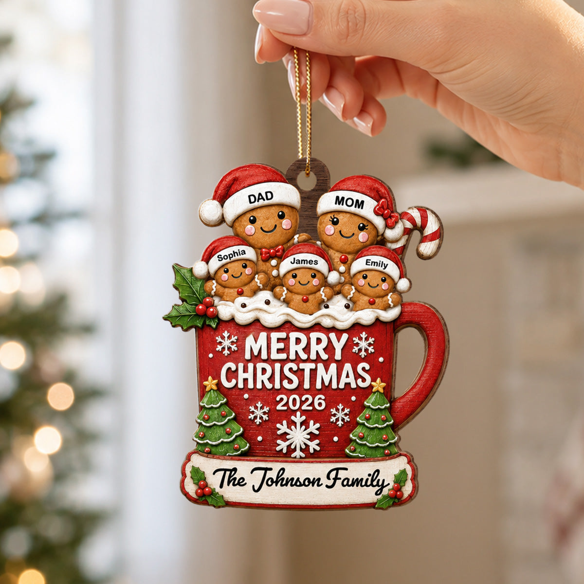 Gingerbread Family In Hot Cocoa 2D Flat - Personalized Wooden Ornament - Christmas Tree Decor For Family