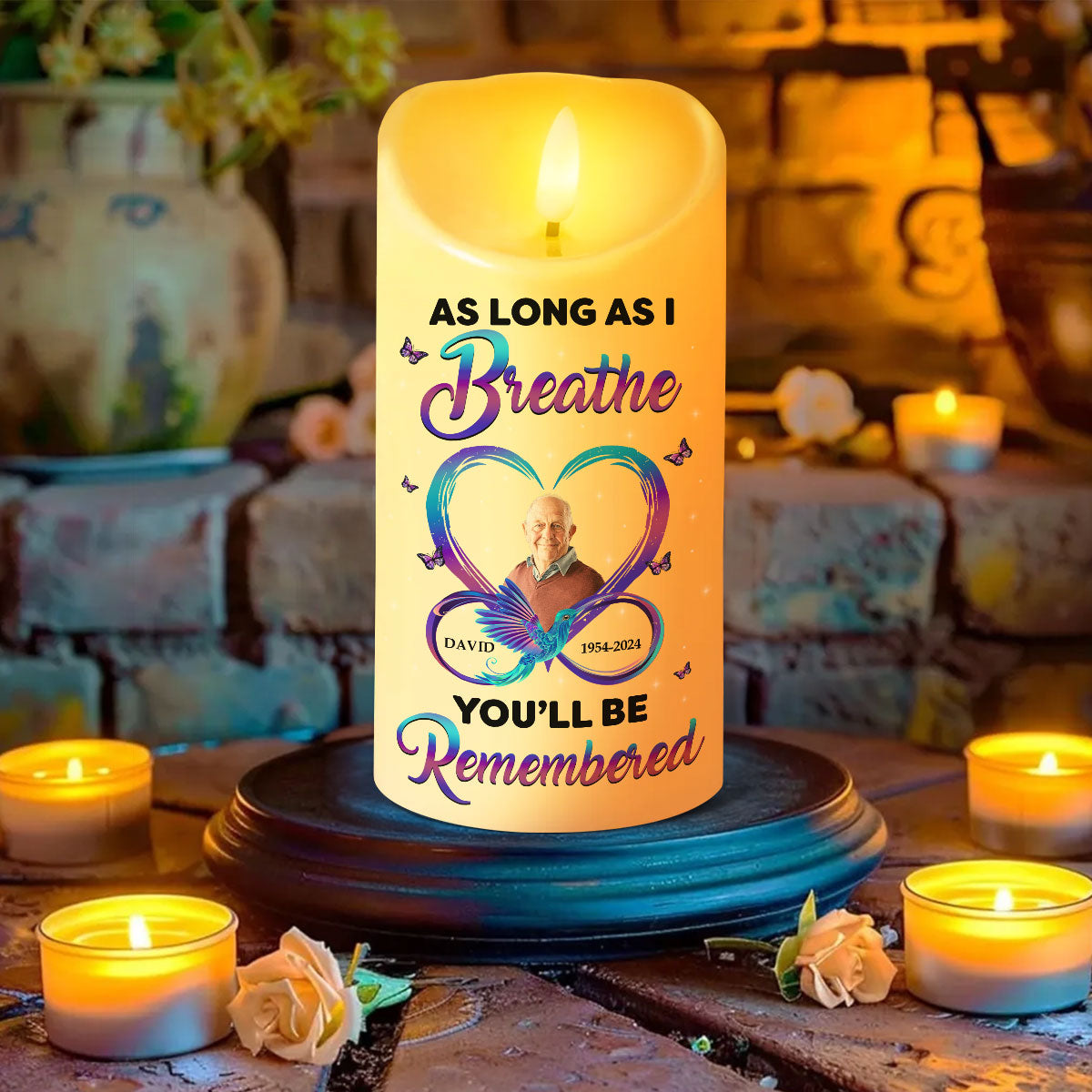 As Long As I Breathe You'll Be Remembered Personalized Flameless LED Candle, Christmas Gift, Sympathy Gift For Family Members