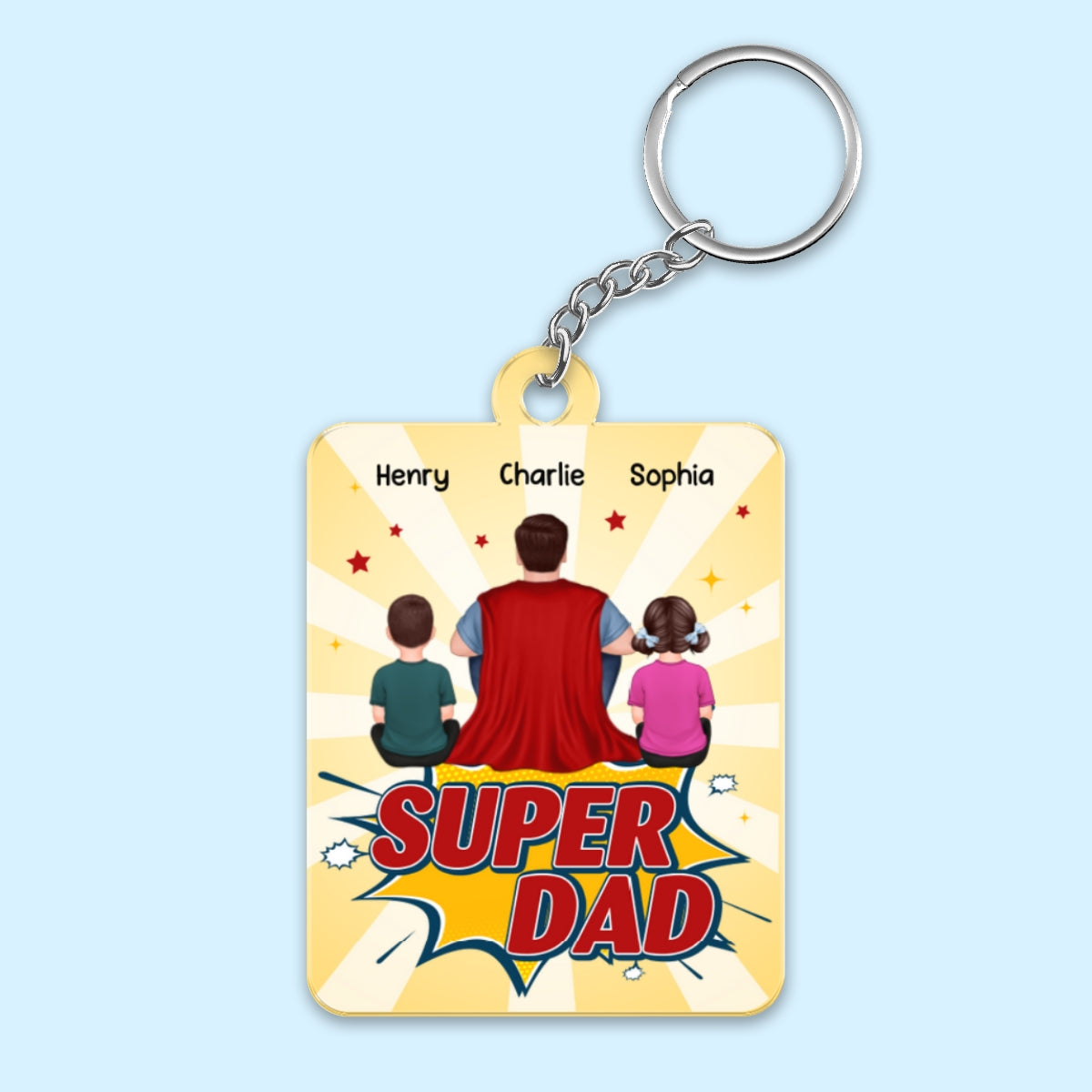 Super Dad And Kids Dogs Cats Back View Personalized Acrylic Keychain