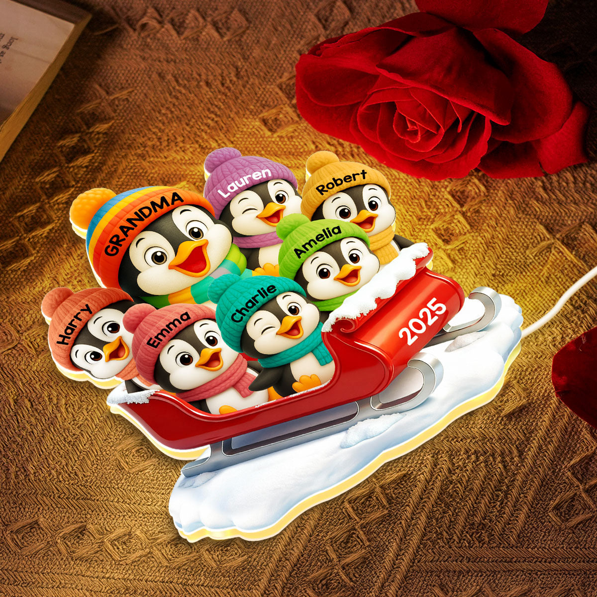3D Effect Cute Grandma Grandkids Penguin On Sleigh - Personalized Light Box
