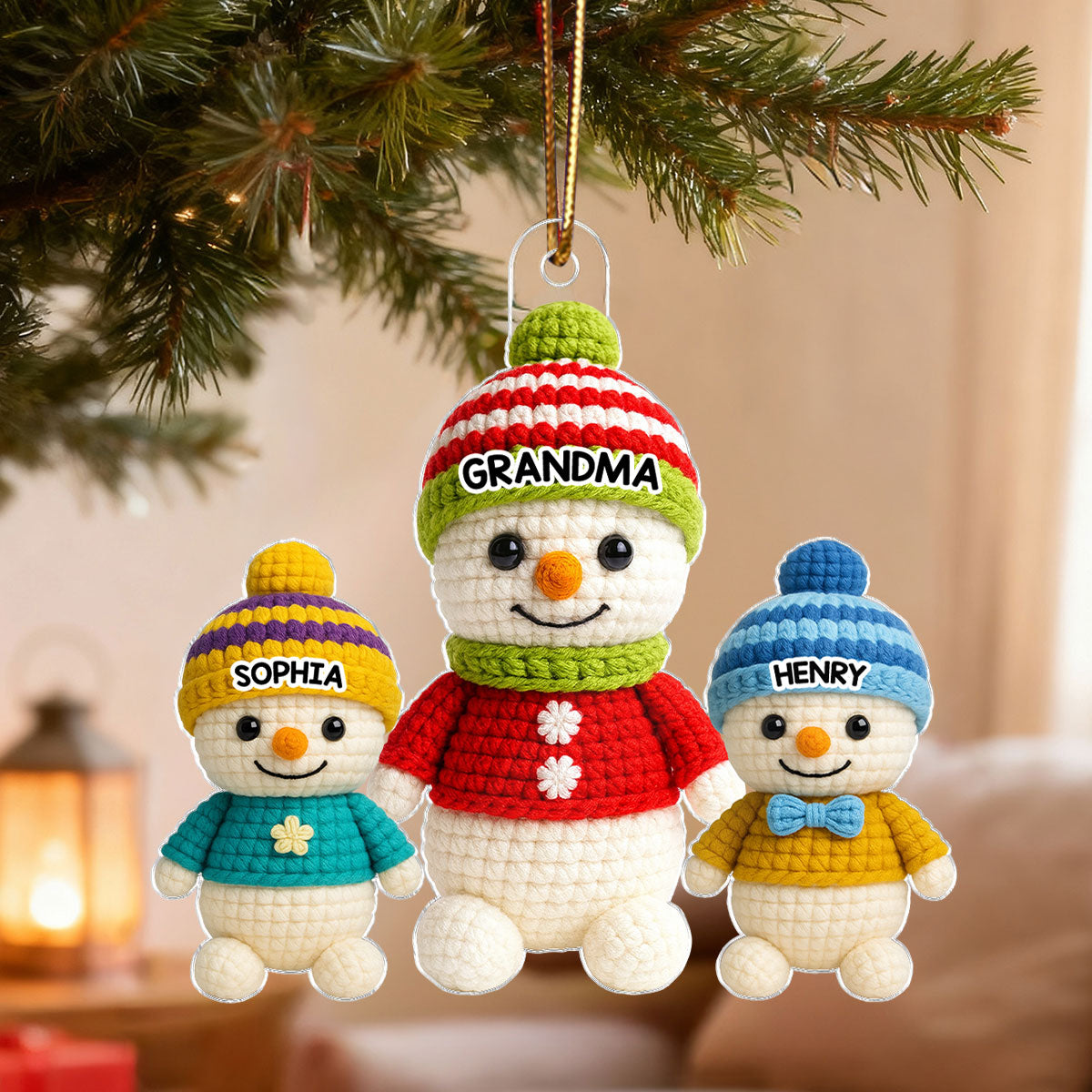Heartwarming Grandma Grandkids Snowman 3D Crochet Effect - Personalized Acrylic Ornament - Christmas Gift for Grandmas