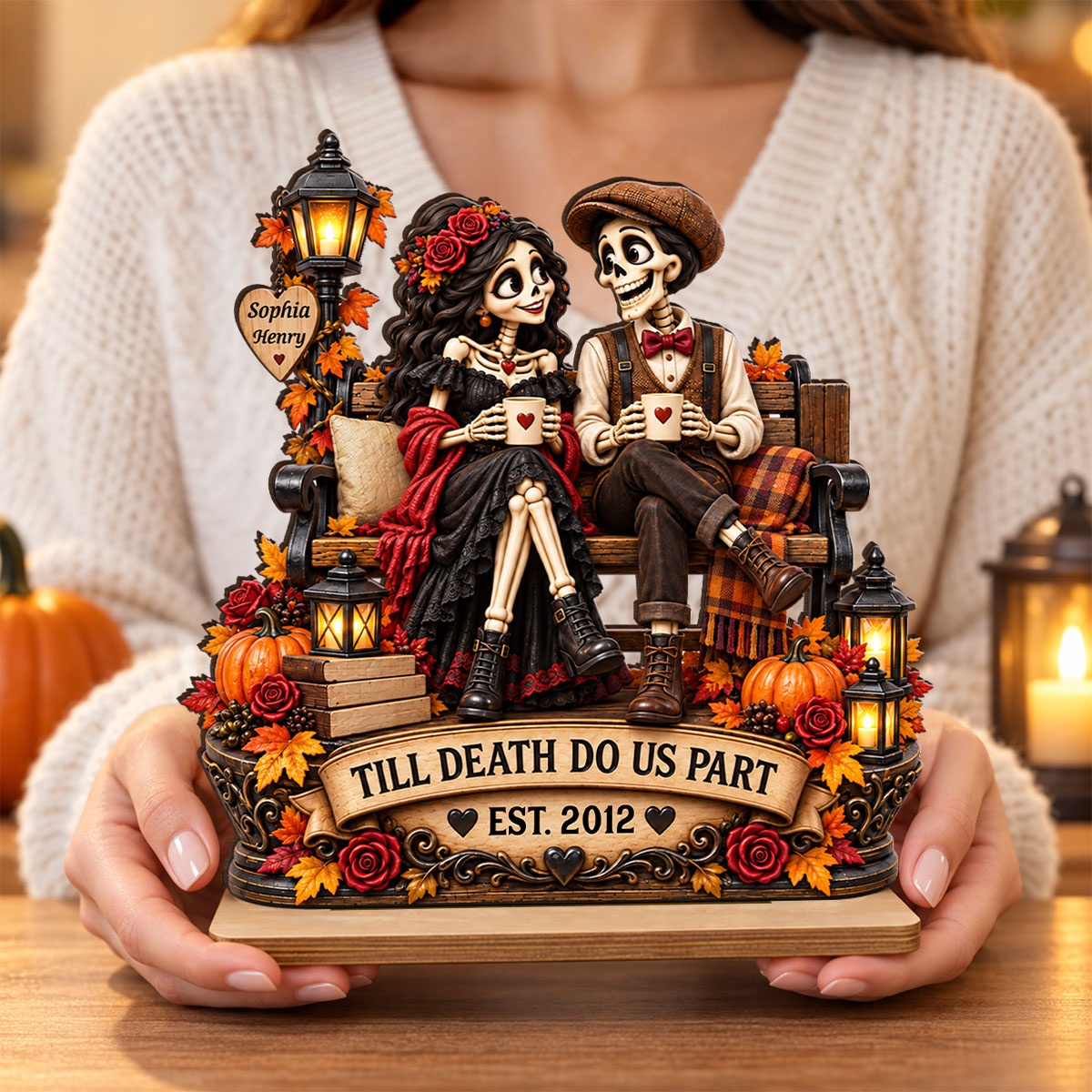 Till Death Do Us Part Fall Halloween Skeleton Couple - Personalized 2-Layered Wooden Plaque - Gift for Him, Gift for Her