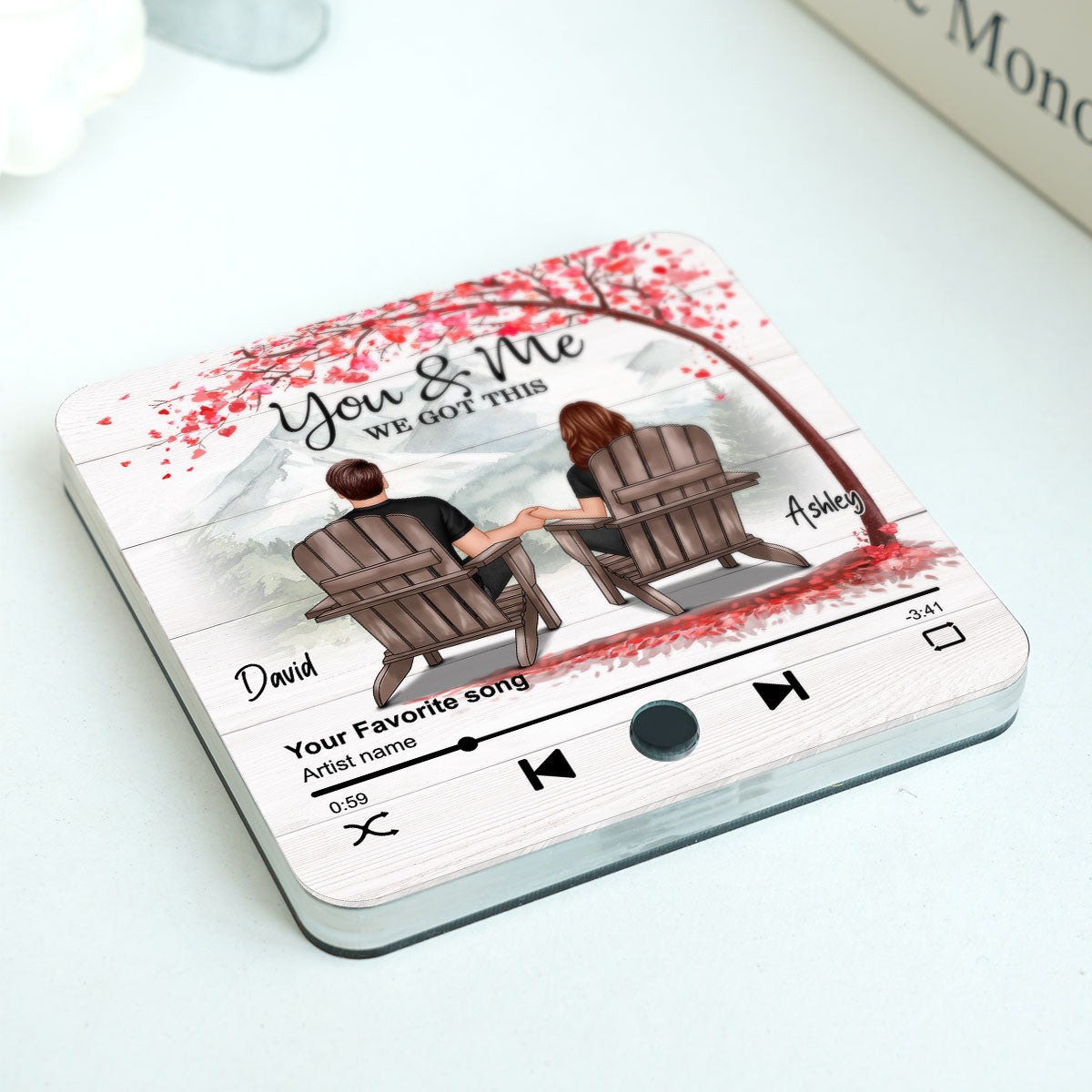 Romantic Mountain Landscape with Blossom Tree Couple Sitting Back View Personalized Music Magnet