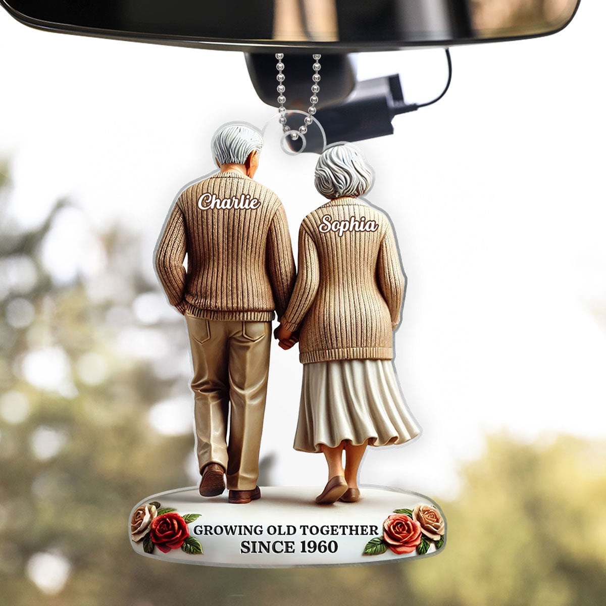 3D Effect Old Couple Holding Hands Walking Together Personalized Car Hanger Ornament, Heartfelt Gift For Couple, For Him, For Her, Husband, Wife