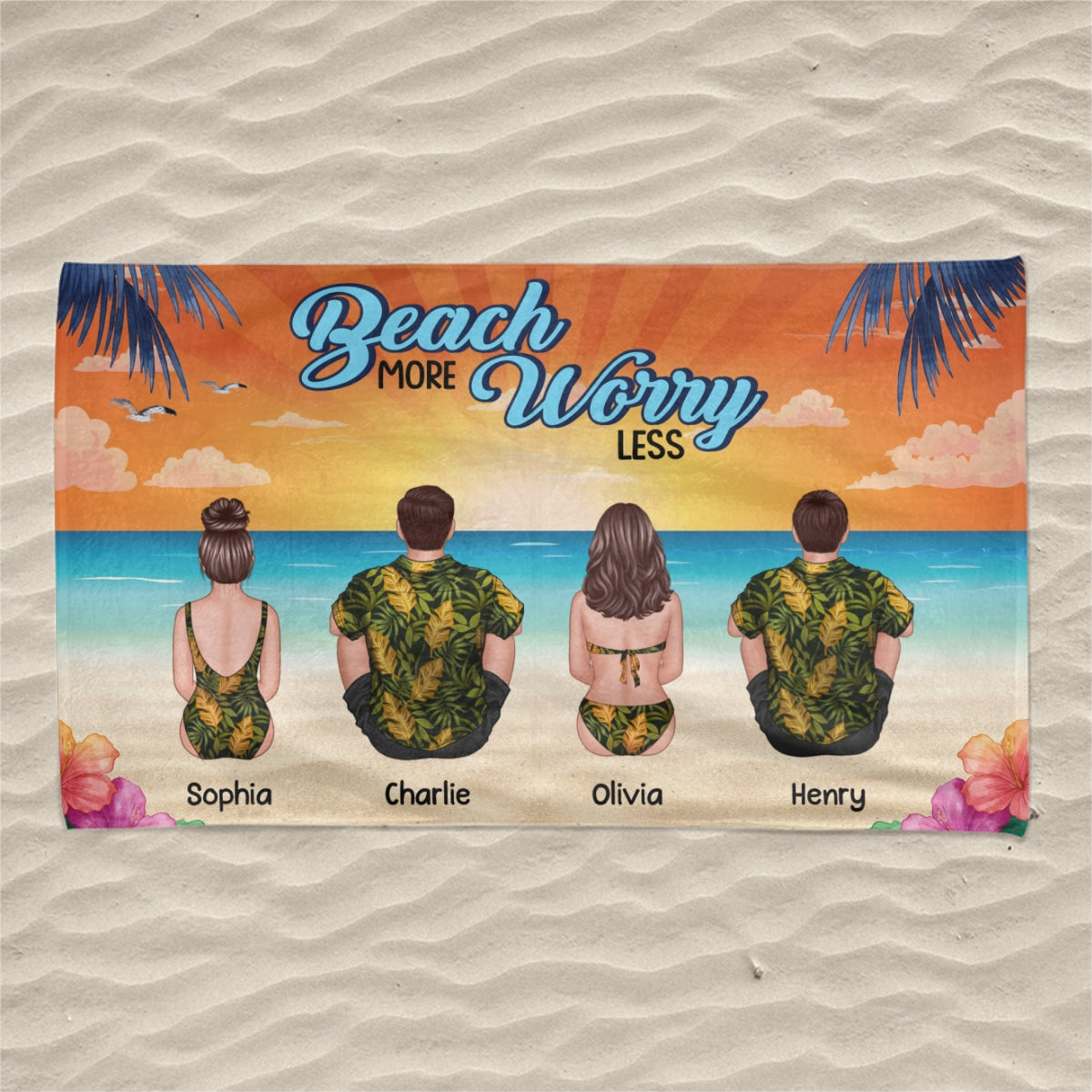Summer Back View Family Couple Kids Dog Cat Sitting Personalized Beach Towel