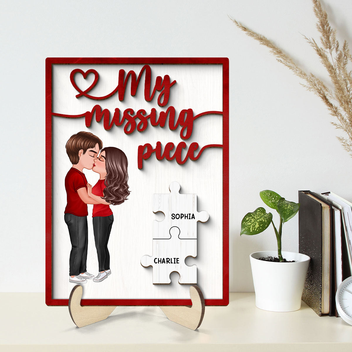 My Missing Piece Couple Kissing Red Themed Valentine‘s Day Gift For Her Gift For Him Personalized 2-Layer Wooden Plaque