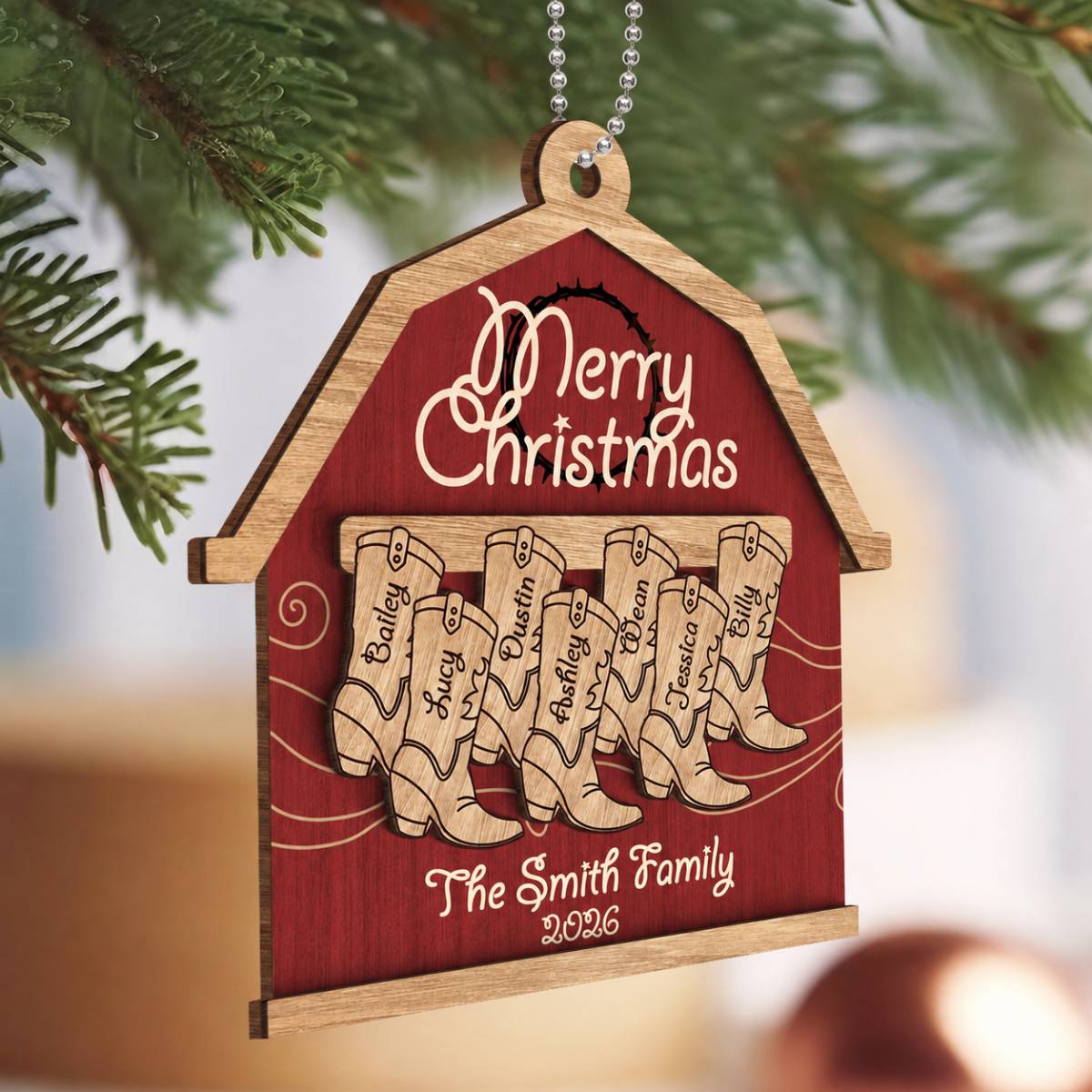 Cowboy Boot Family Names Personalized 2-Layer Wooden Ornament