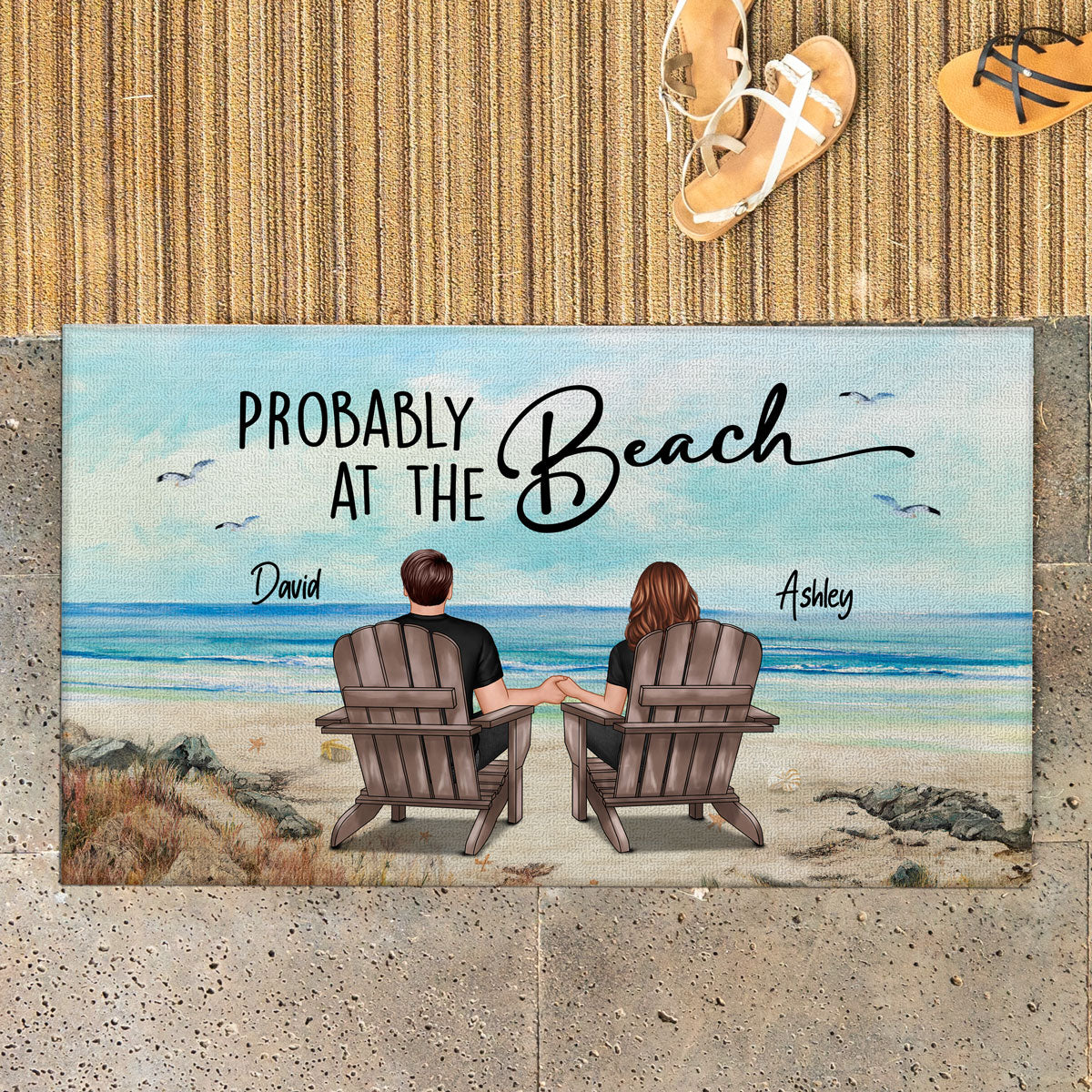 Probably At The Beach Couple Sitting Back View Beach House Gift Personalized Doormat