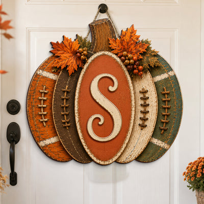Pumpkin Football Family Initial - Personalized Door Hanger Sign - Rustic Front Porch Fall Decor