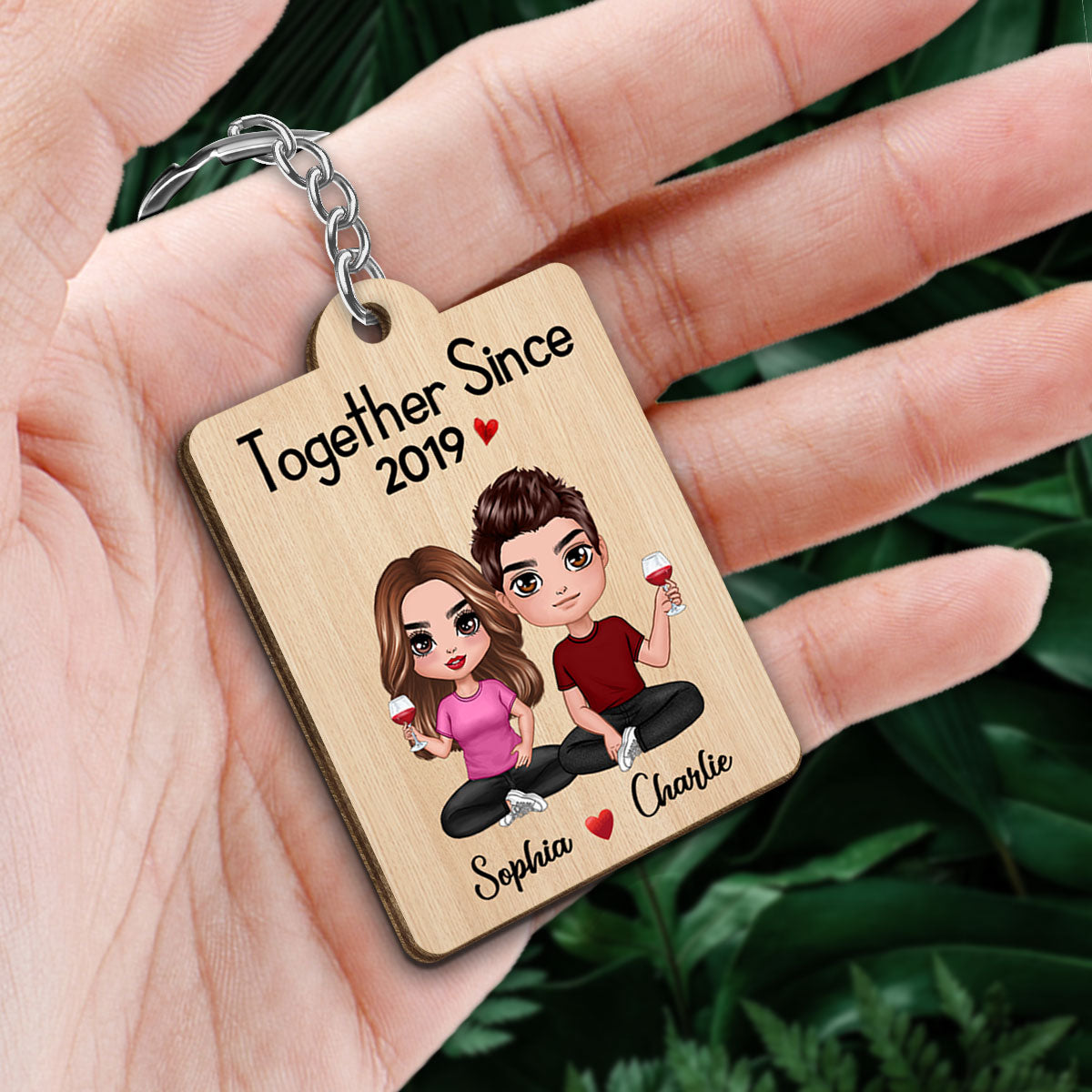 Couple Sitting Favorite Song Scannable QR Code Personalized Wooden Keychain