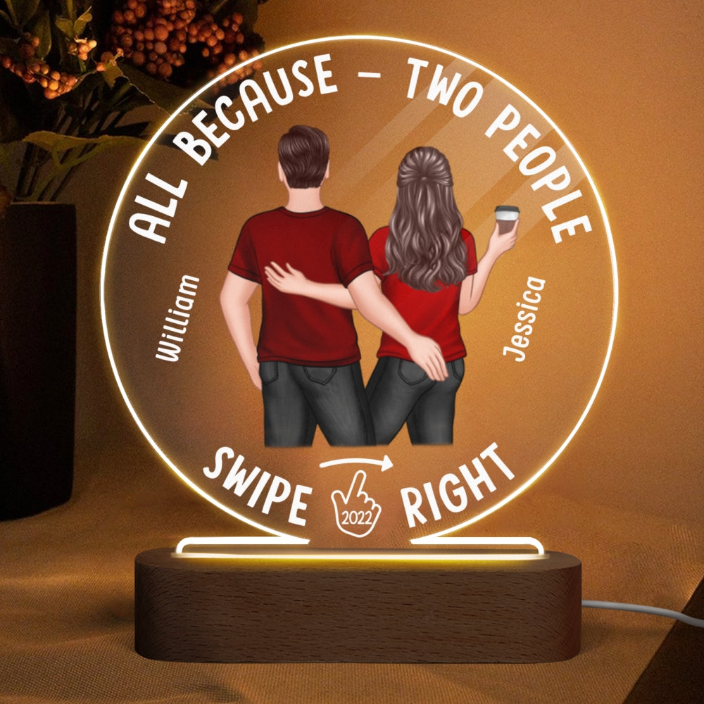 Two People Swipe Right Couple Dating App Personalized Circle LED Night Light, Acrylic LED Lamp, Valentine‘s Day Gift For Him, Gift For Her