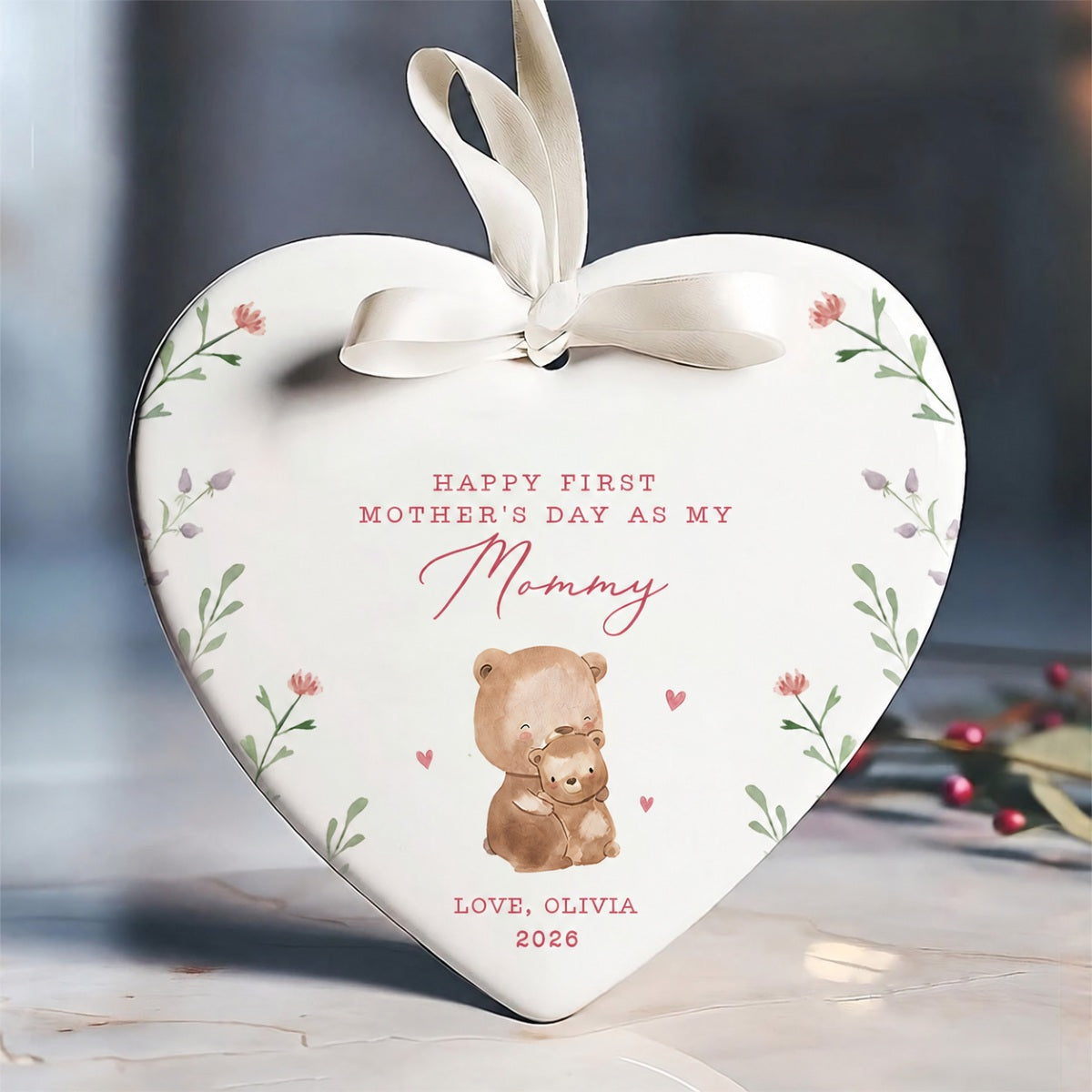 Cute Animals Personalized Heart Ceramic Ornament, Heartfelt First Gift for Mom, Gift for Grandma