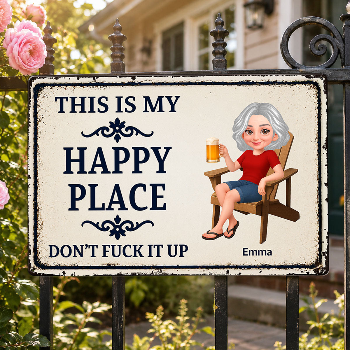 Couple This Is Our Happy Place - Personalized Metal Sign - Funny Sarcasm Decoration For Patio, Garden, Farmhouse Porch, Man Cave, Garage