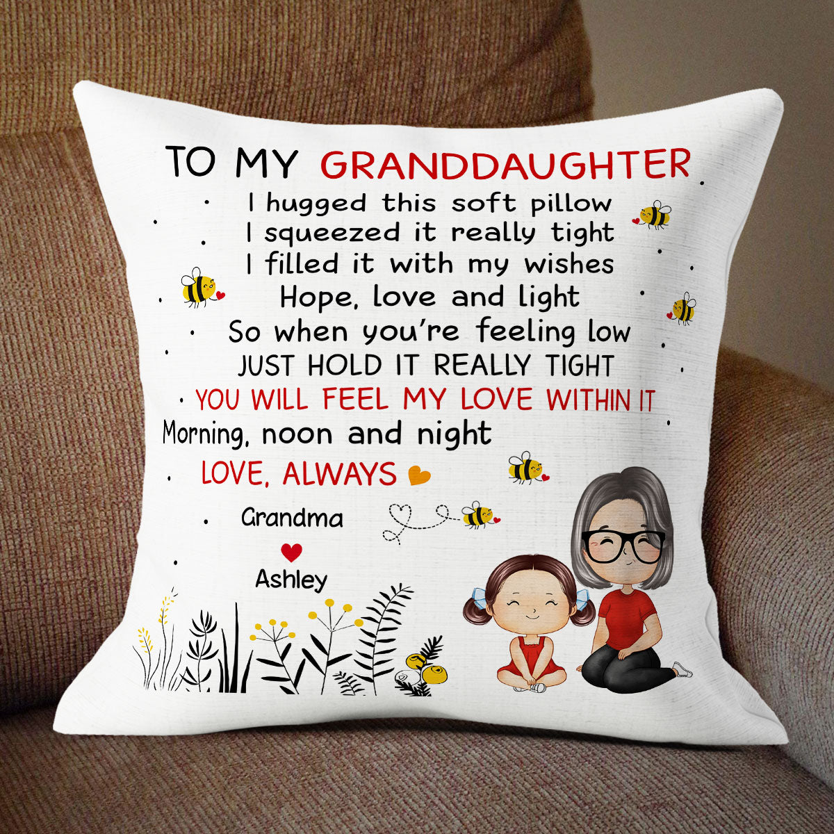 To Granddaughter Grandson From Grandma Doll Watercolor Style Personalized Pillow