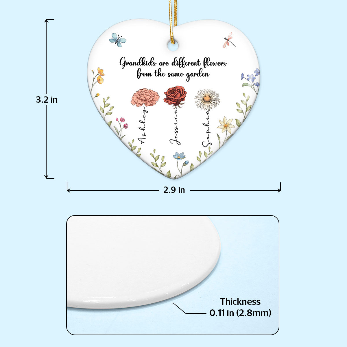 Grandkids Are Different Flowers from the Same Garden Personalized Heart Ornament, Gift for Grandma
