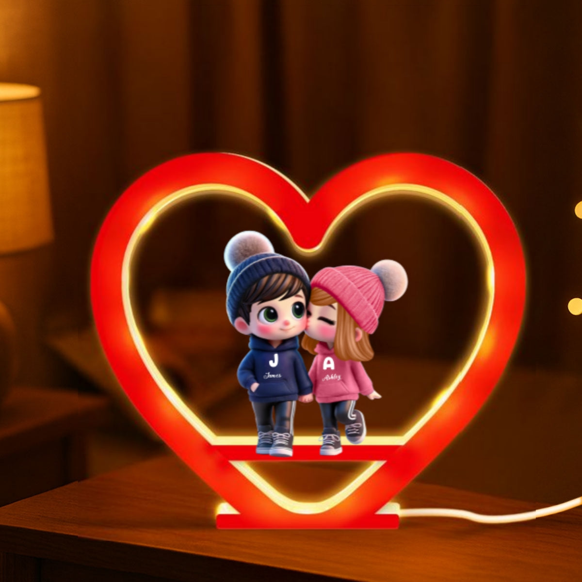 Cute Couple Kissing Heart Shape Personalized Light Box, Anniversary Gift for Him for Her